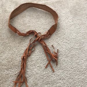 Brown Crochet and Velvet Textured Belt with Fringe